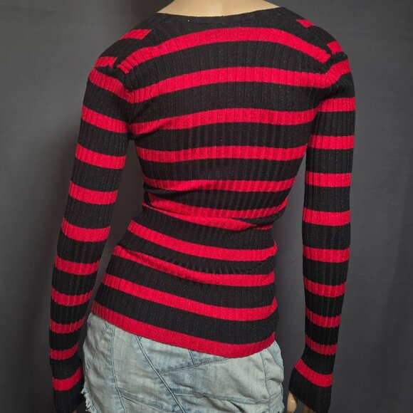 Y2K INC Striped Fitted Sweater Size XS Red Black Glitter Ribbed V Neck Emo - Picture 8 of 10